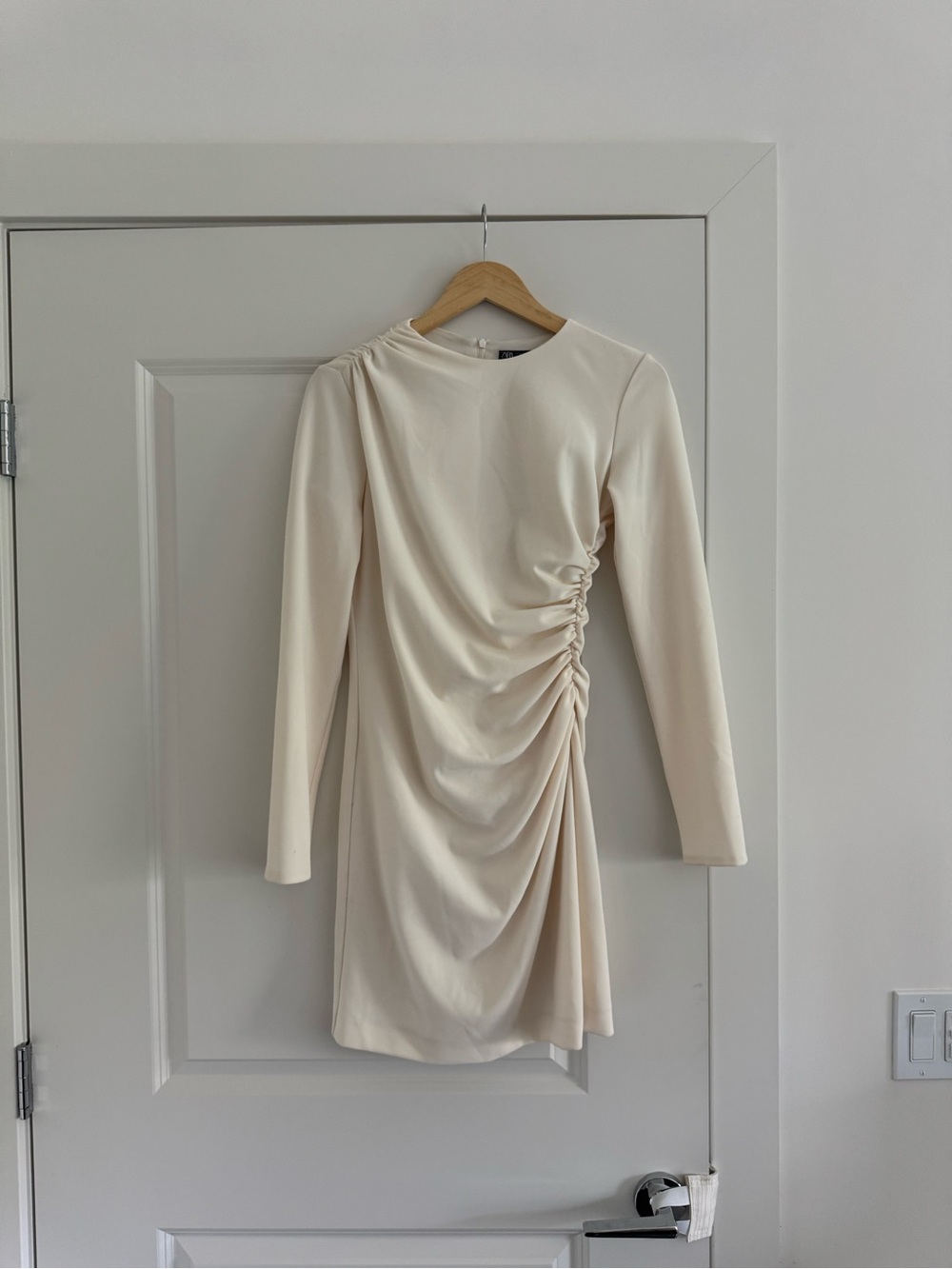 Zara Cream Long-Sleeve Ruched Side Mini Dress